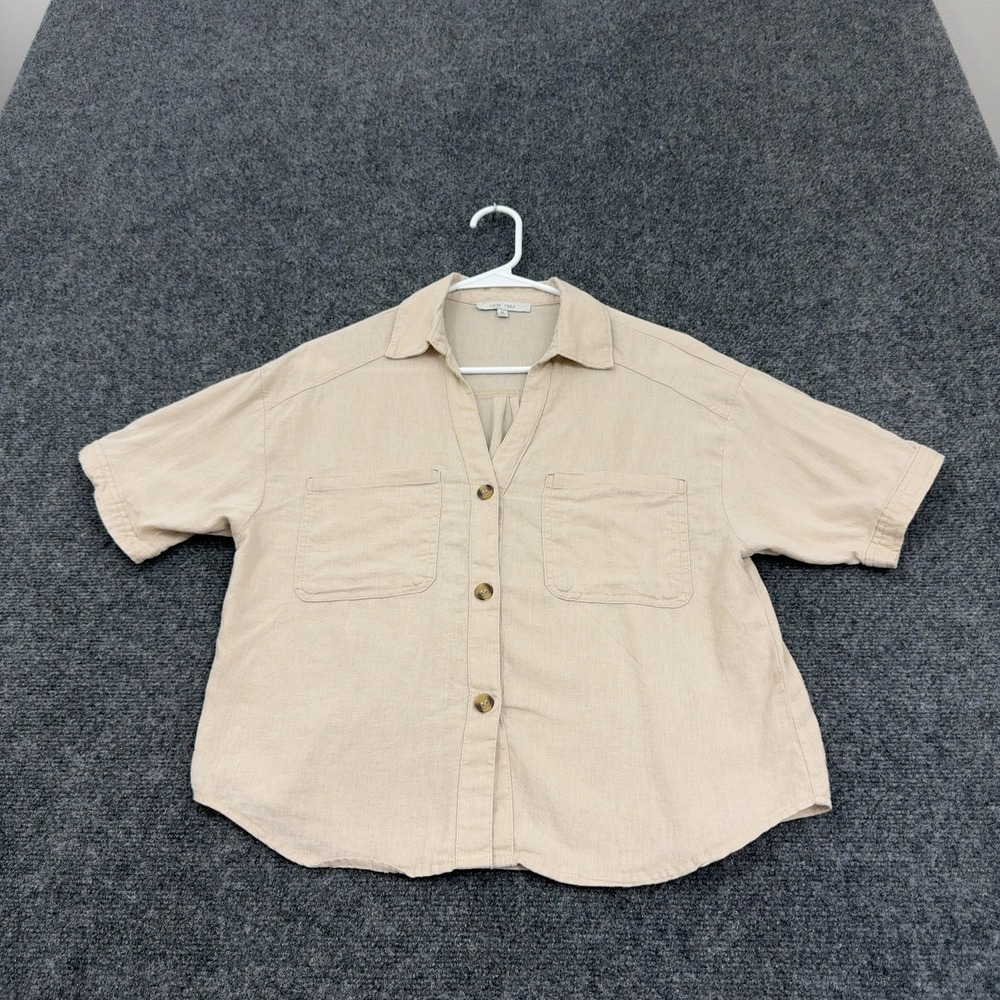 Love Tree Shirt Womens M Beige Linen Viscose Short Sleeve Button Up Casual Boho